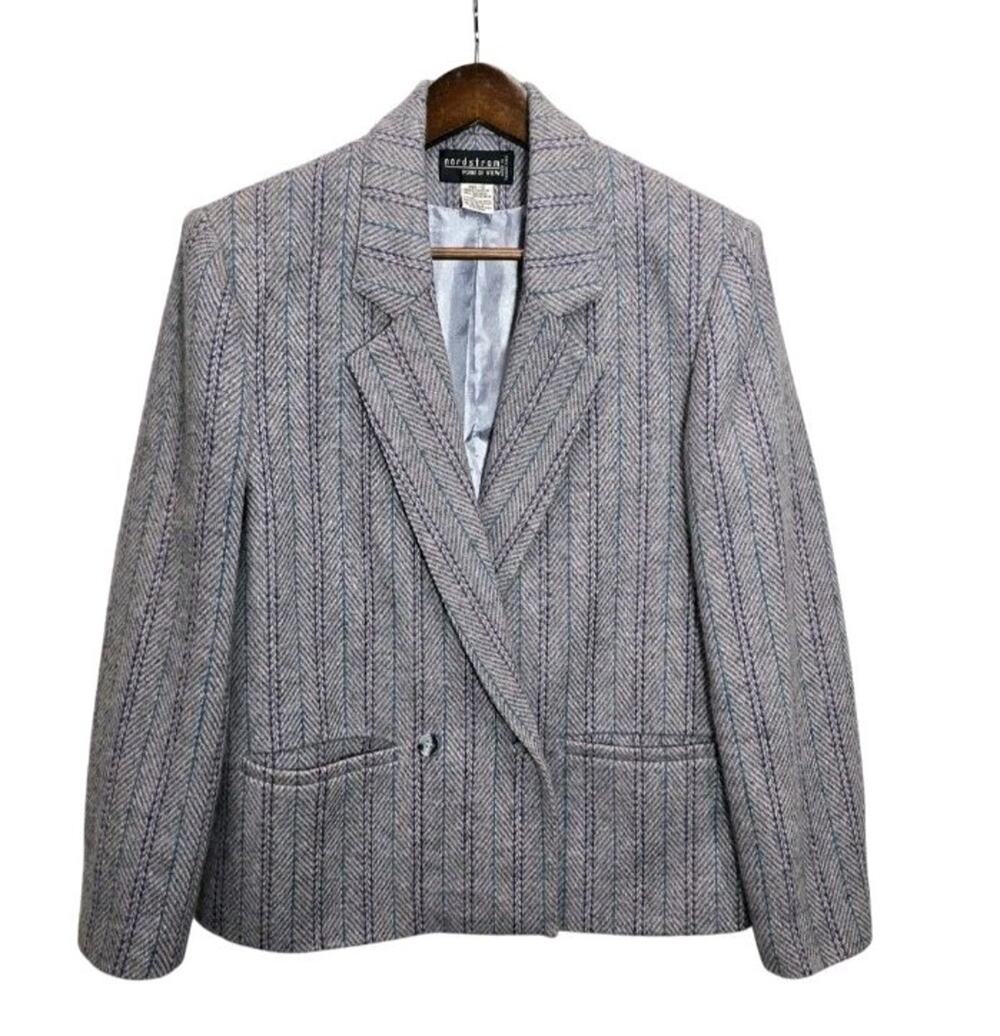 Vtg Nordstrom Women's Alpaca Wool Herringbone Blazer Jacket 10 Gray Old Money